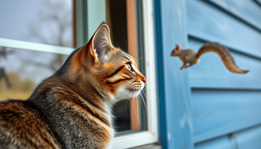 Cat watching squirrel from window of blue house, daytime.