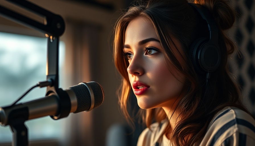 Young woman in podcast studio discussing brachycephalic dog health struggles.