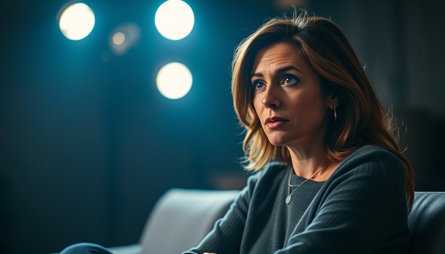 Thoughtful woman discussing in a dimly lit studio.