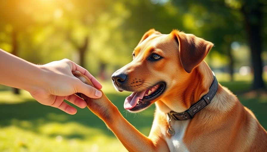 Dog learning paw command in sunny park setting.