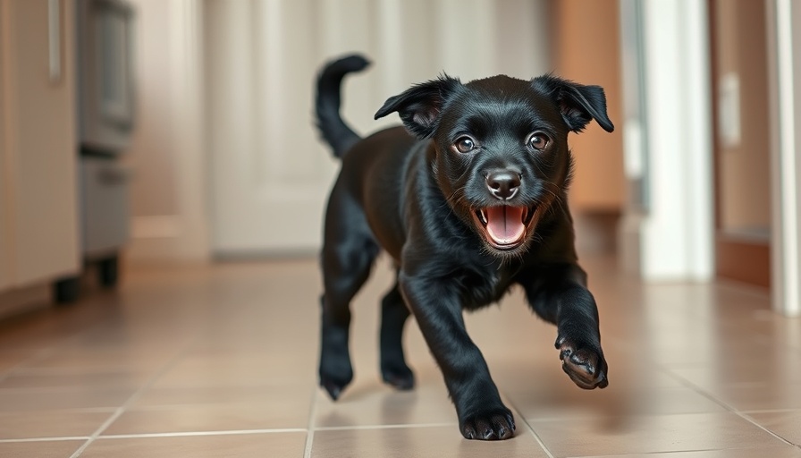 Young black dog in an indoor setting, exploring excitedly.