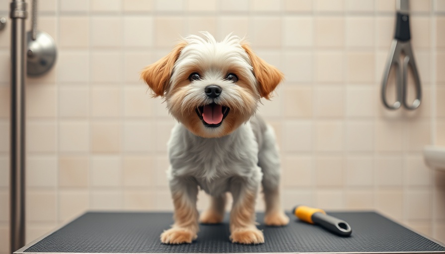 Dog grooming tips: Small dog on grooming table in tiled room.
