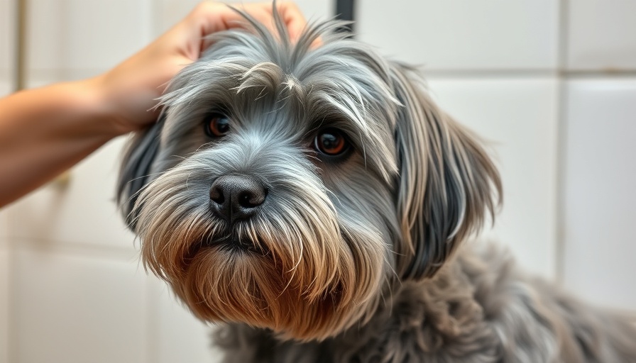 Dog Grooming Tips: Shaggy gray dog being groomed calmly.