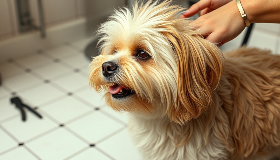 Dog grooming tips: fluffy dog being groomed in a tiled room.