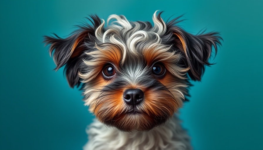 Curly-haired dog in studio setting, teal and blue background.