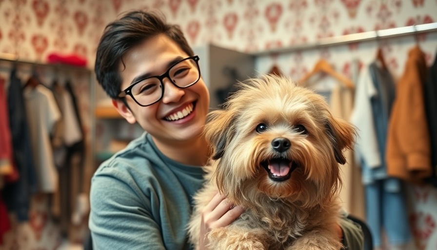 Joyful person with dog at a pet grooming setup.