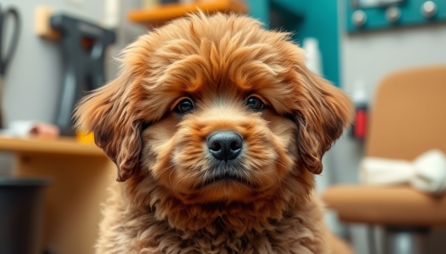 Fluffy brown dog being groomed on a table indoors.