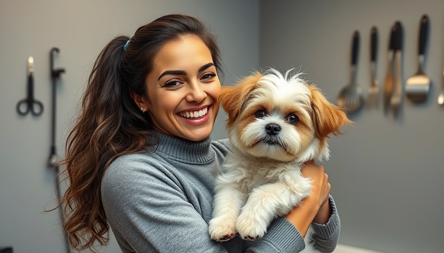 Image of a smiling woman holding a fluffy dog during a grooming session.