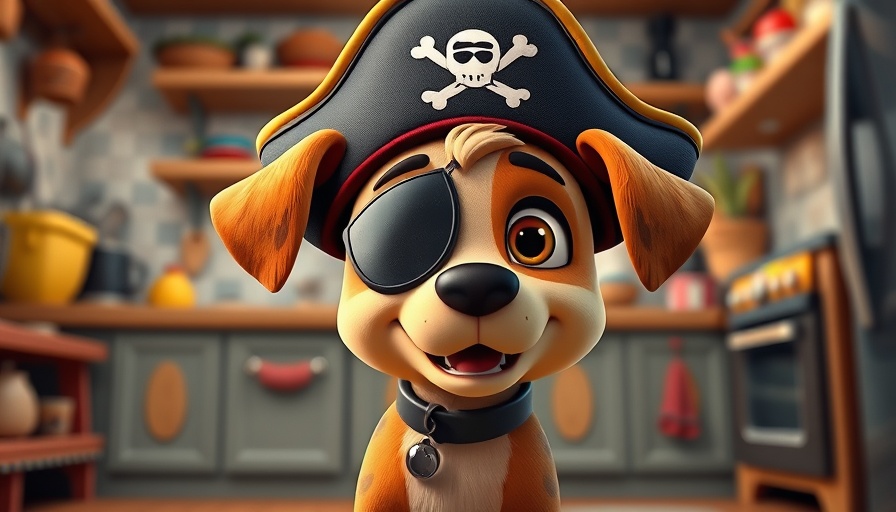 Funny pet cartoons: Charming cartoon dog in pirate costume in a colorful kitchen.