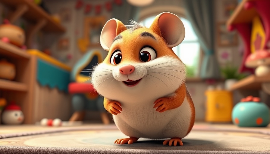 Funny pet cartoon of an animated hamster with big eyes in a colorful room.