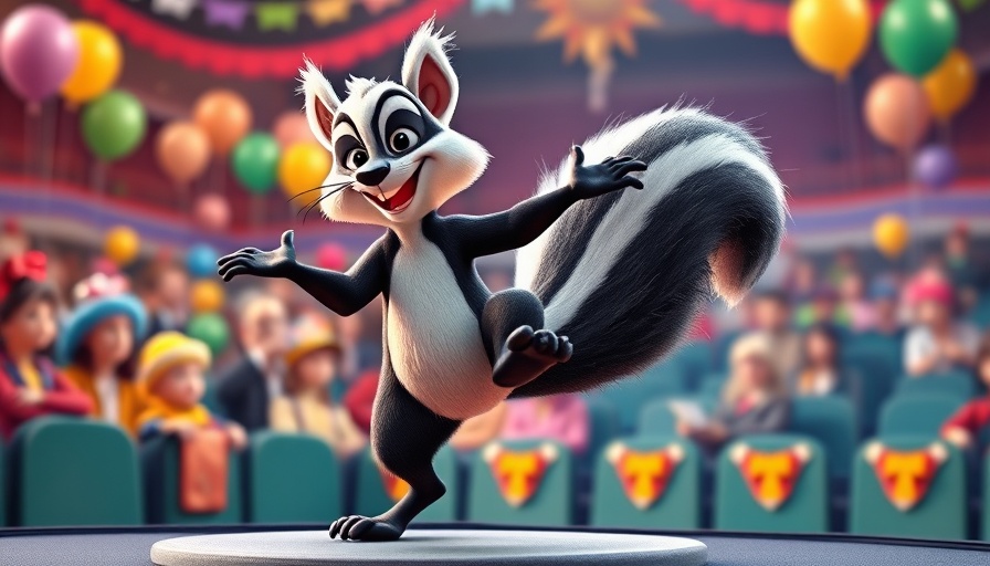 Whimsical cartoon skunk performing gymnastics, colorful festive background.