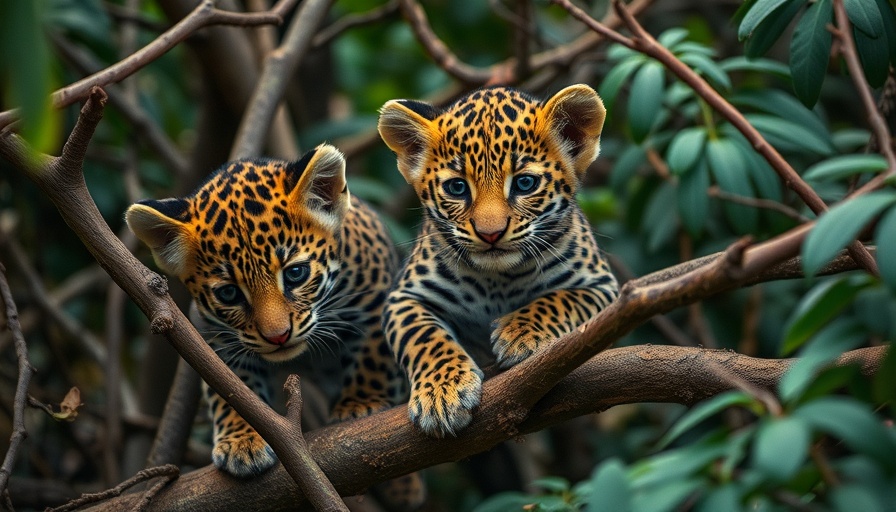Leopard cubs playfully exploring branches in the jungle