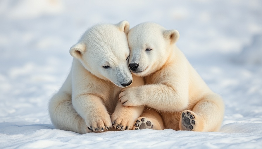Baby polar bears cuddle on snow in serene moment.
