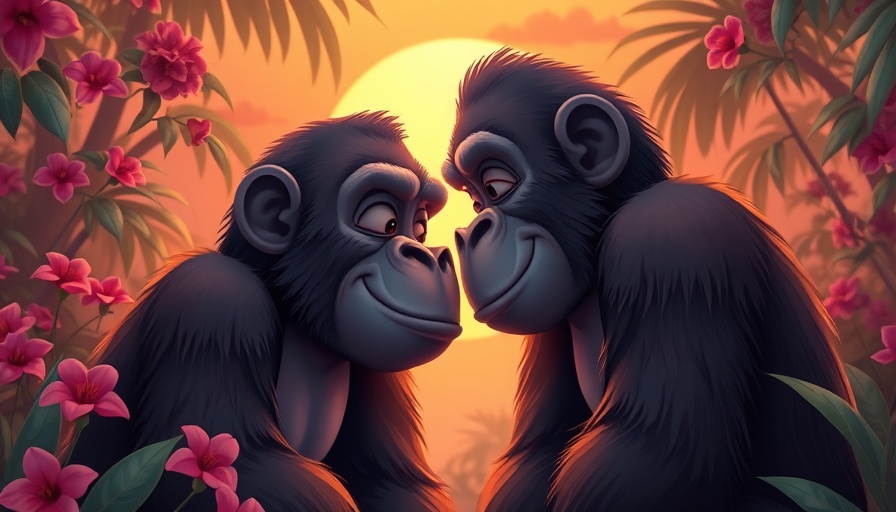 Cartoon gorillas bonding in a vibrant jungle sunset.