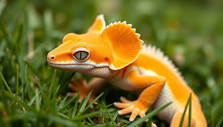 Tangerine Lilly White Crested Gecko resting on a hand, grassy background.