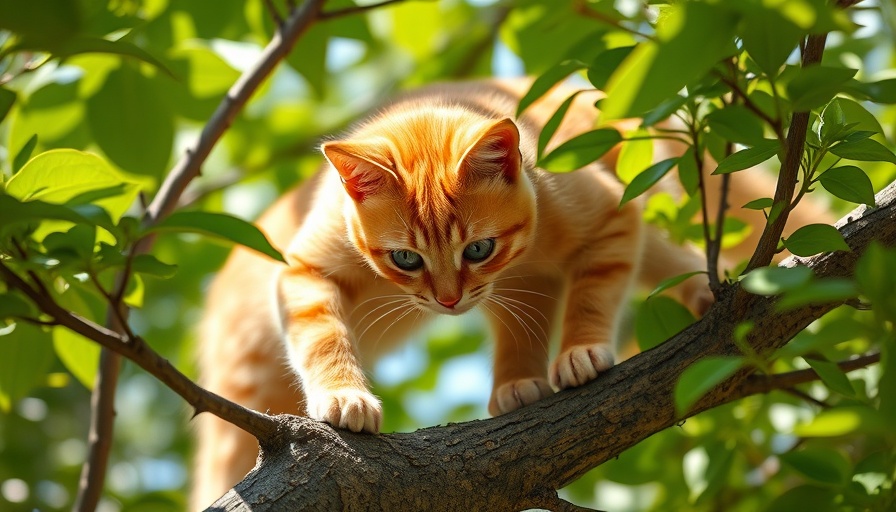 Curious orange cat in tree, perfect for pet lovers, vibrant foliage contrast.