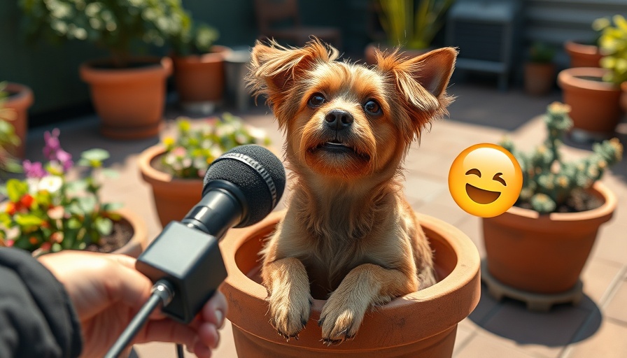 Labrador Dogs funny scene with dog in flower pot and microphone.