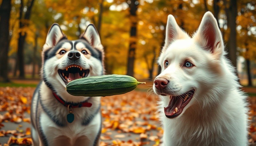 Funny dogs reacting to a cucumber in a park, promoting funny animal videos.