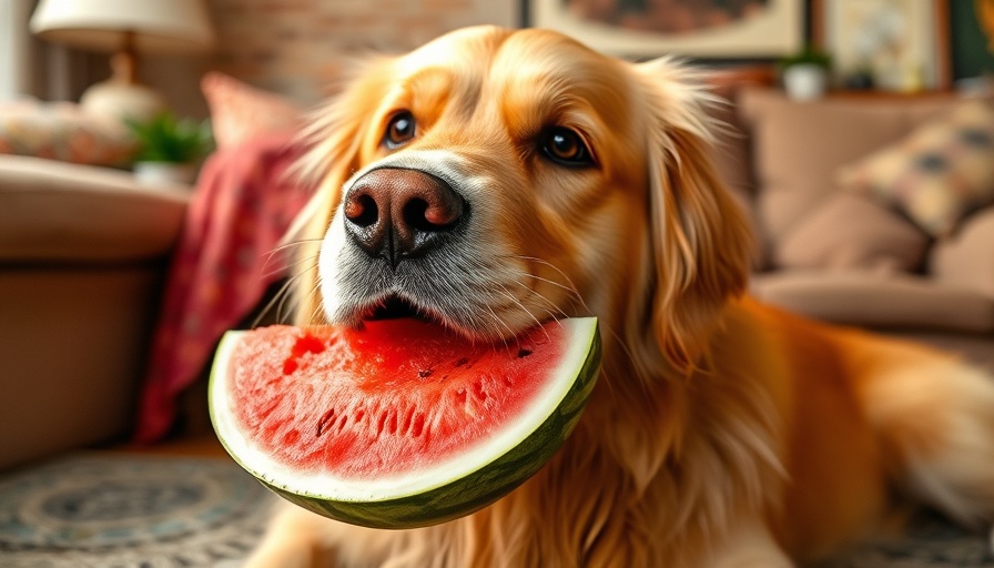 Funny animal videos: Golden retriever with watermelon indoors.
