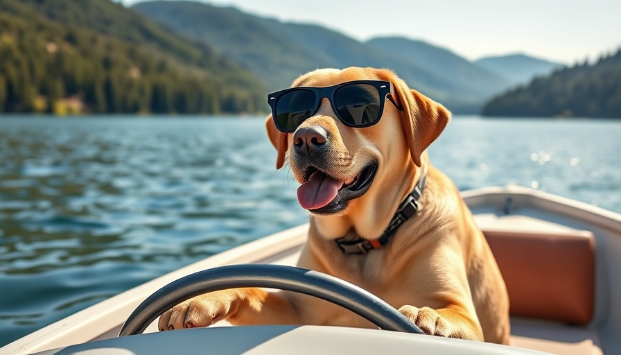 Funny Labrador in sunglasses steering a boat on a lake.