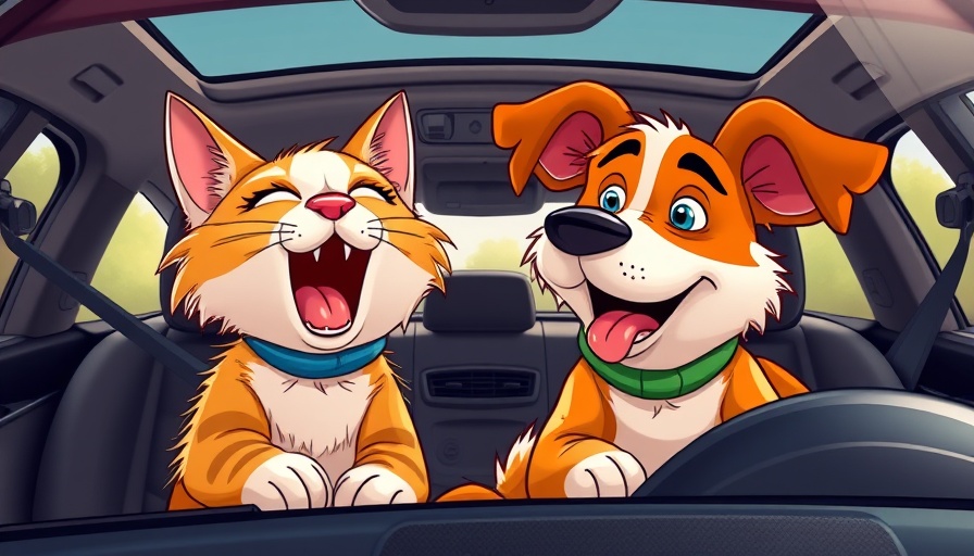 Funny cat and dog in car, cat singing, dog amused, cartoon style.