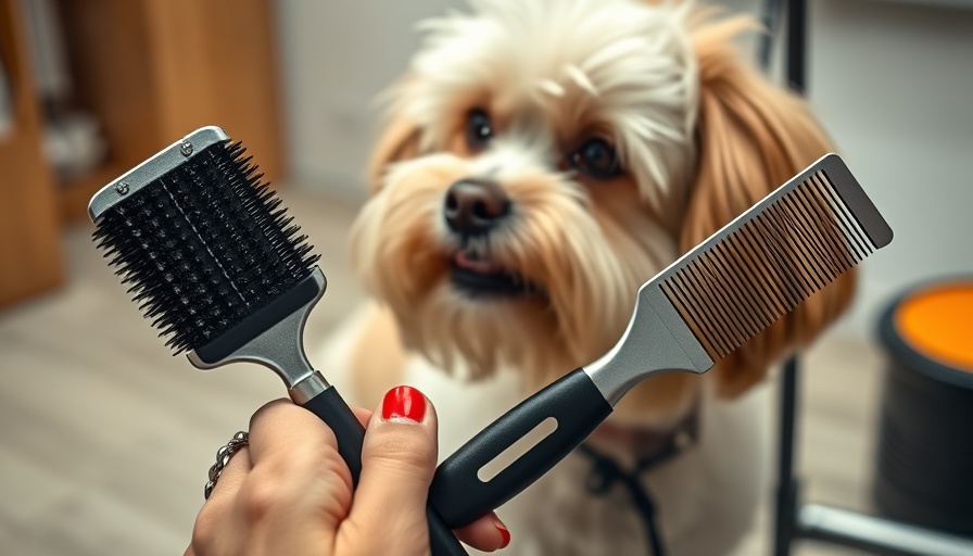 Professional pet grooming tools and fluffy dog in an instructional setting.