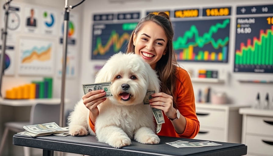 The Real Cost of Dog Grooming in the U.S. illustrated with woman, dog, and bills.