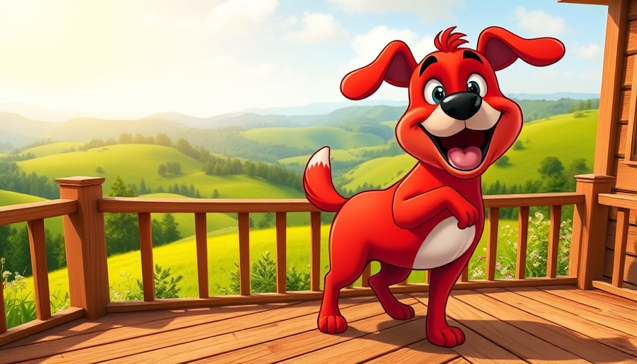 Funny pet cartoon dog on a deck with green hills in the background.