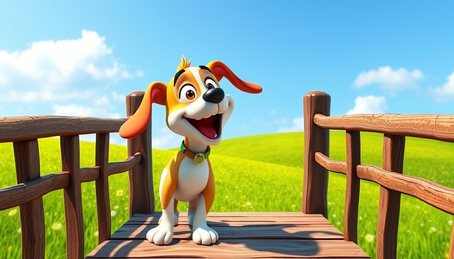 Vibrant pet cartoon for kids, colorful dog on bridge.