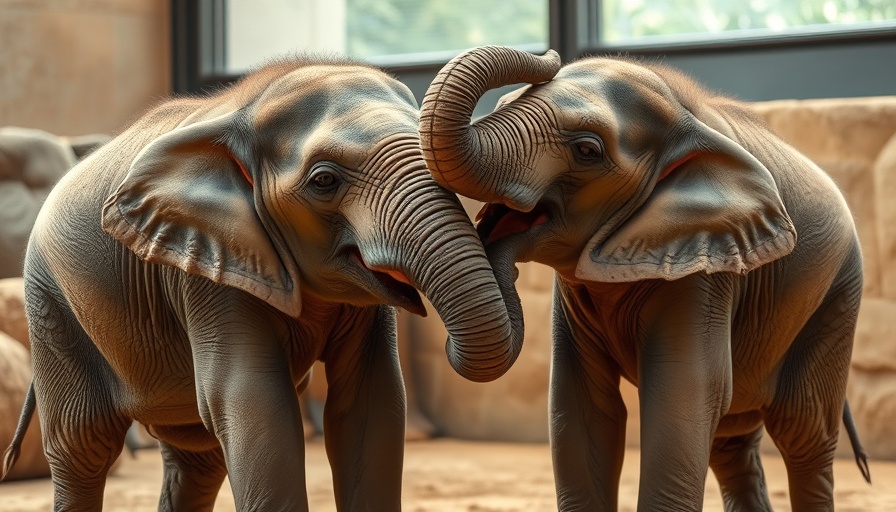 Playful elephants gently interacting inside zoo enclosure, detailed texture.