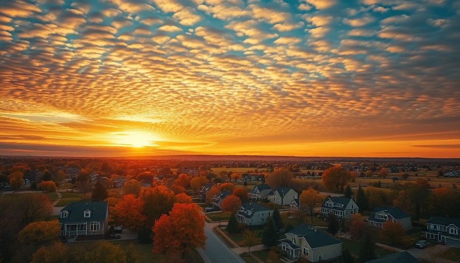 Aerial suburban neighborhood at sunset with fall colors.