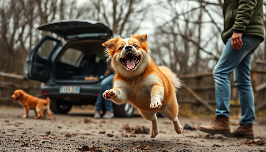 Humorous dog and person interaction near SUV, capturing funny moments.