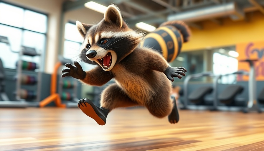 Funny cartoon raccoon running energetically on a wheel indoors.
