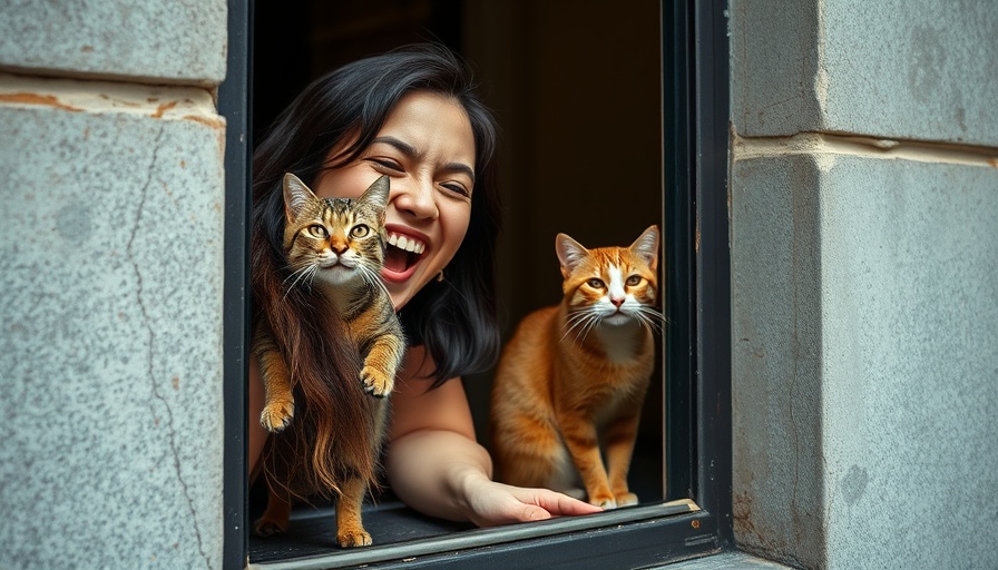Peekaboo game with cat through a window in urban setting.