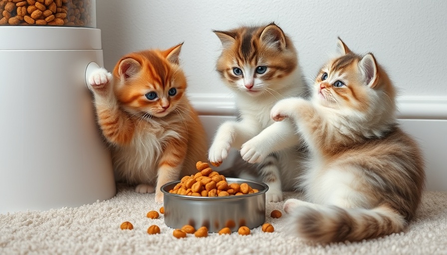 Fluffy cats mischievously stealing food from a dispenser.