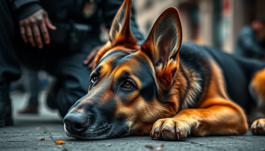 German Shepherd with police officer, outdoors, in urban setting.