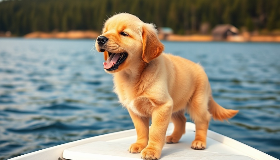 Funny pet video scene: Puppy yawning on boat.