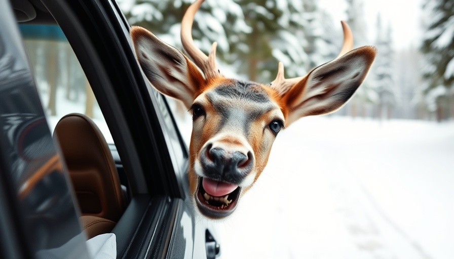 Playful deer sticking tongue out by car window in snowy forest, funny pet video moment.