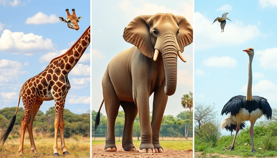 Top 10 tallest animals collage with giraffe, elephant, ostrich.