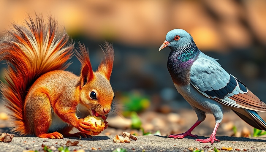 Granivorous animals, curious squirrel and vigilant pigeon, vibrant design.