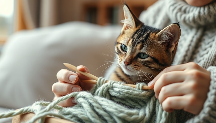 Funny cat interrupting knitting in cozy living room