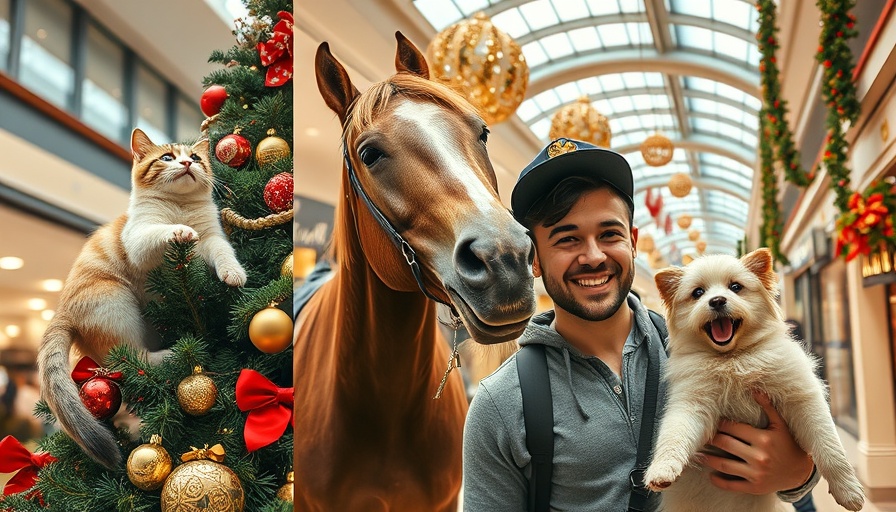 Funny pet collage with playful cat, horse, and fluffy dog in mall.