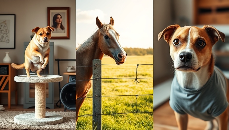 Funny animal moments collage showing dog on cat tree, girl with horse, and surprised dog.