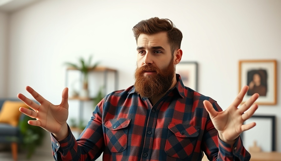 Bearded man in plaid shirt gesturing indoors, soft focus.