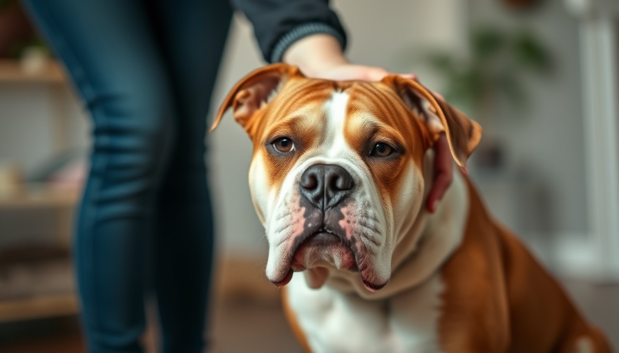 Calm American Bulldog sitting indoors being gently petted.