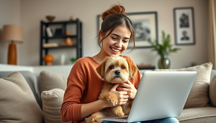 Young woman with dog at laptop, cozy home setting, traveling with pets guide.