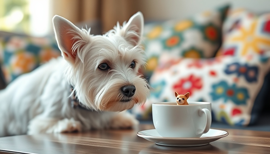 Adorable terrier dog intrigued by tea cup, cozy living room, traveling with pets guide.