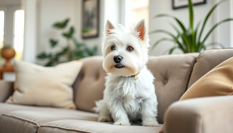 Charming dog sitting on sofa in warm home setting. Traveling with pets guide.