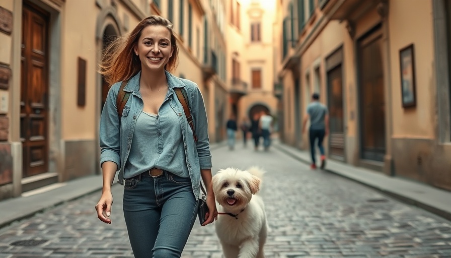 Traveling with pets guide: Woman with dog on cobblestone street.