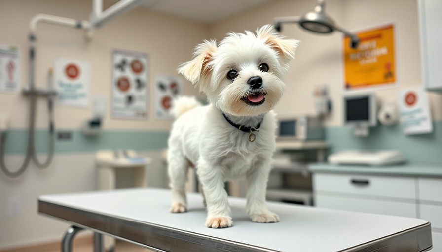 Playful white dog on vet table, traveling with pets guide.